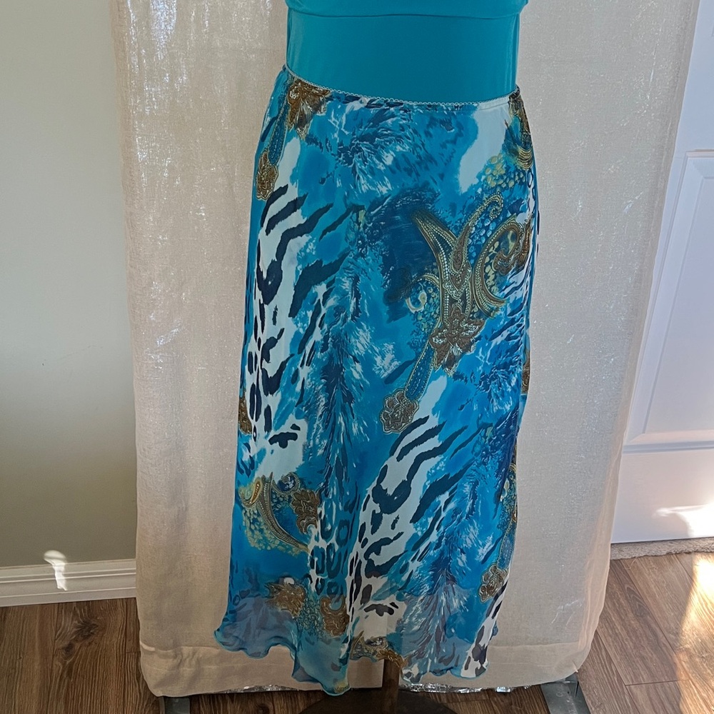 Blue Turquoise Printed Midi Skirt - Women's Flowing A-Line